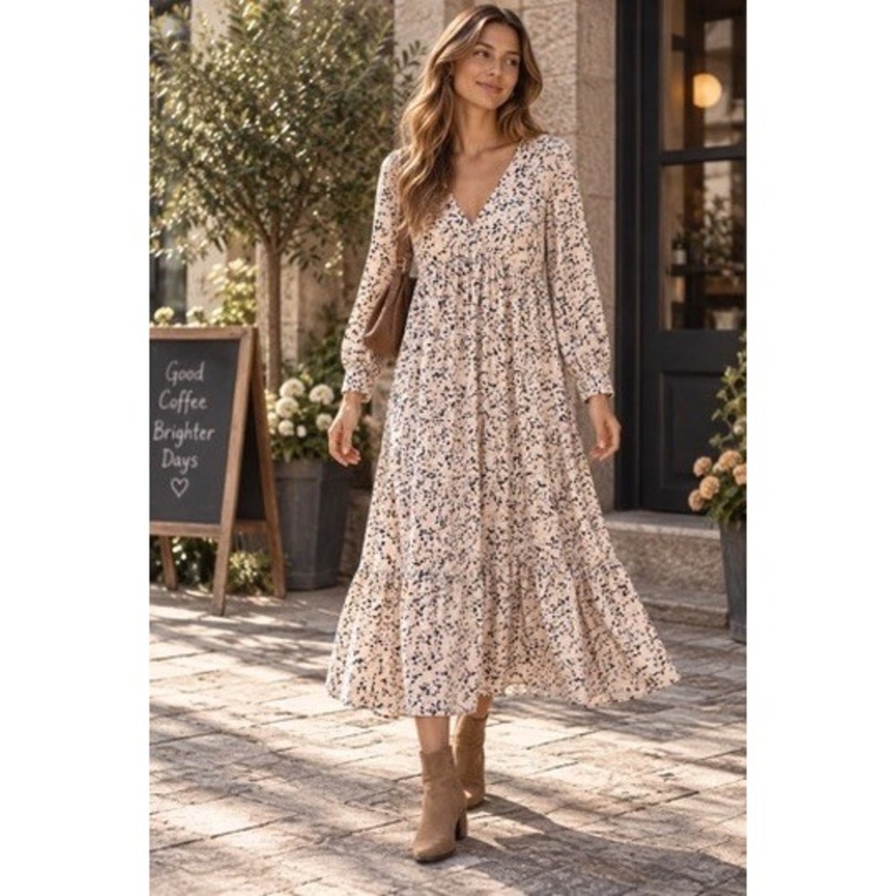 Pretty Lavish Womens Pink Abstract Floral Tiered V-Neck Long Sleeve Maxi Dress M